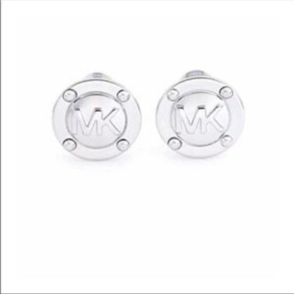 Michael Kors Silver Tone MK Logo Stud Earrings Round Disc Designer NWT Boxed - Picture 3 of 3